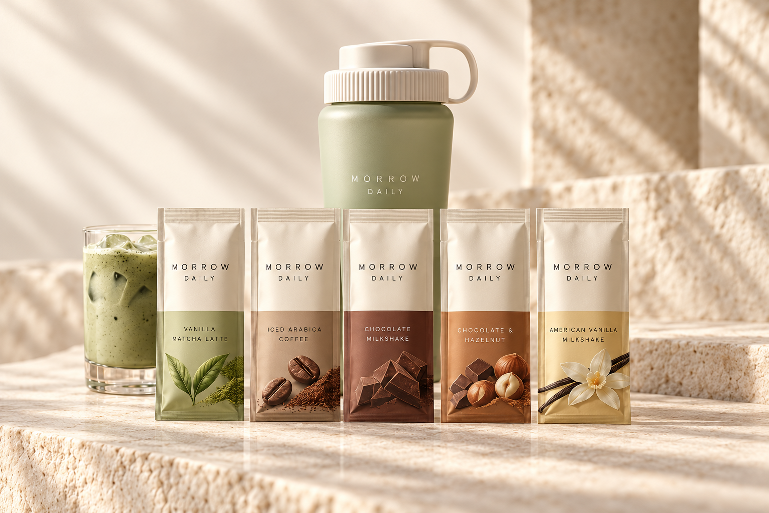 Morrow Daily five-flavour sachet range with sage branded mixer shaker and iced matcha